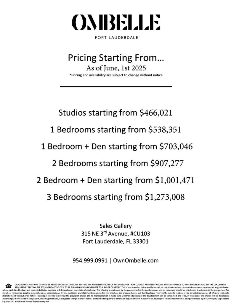 Price list Ombelle New Construction Condos Fort Lauderdale