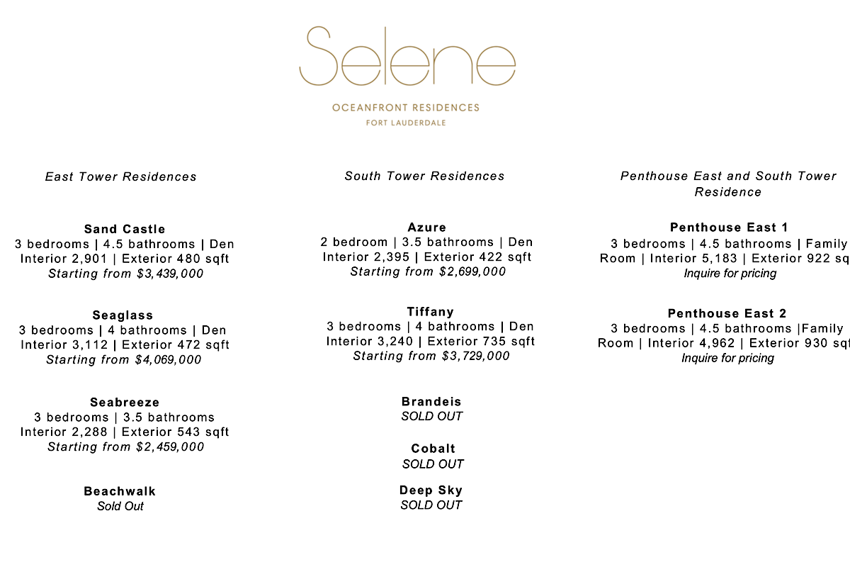 pricelist Selene Oceanfront New Construction Condos