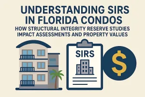 Illustration of a Florida condominium, a clipboard labeled SIRS, and a dollar sign representing how Structural Integrity Reserve Studies affect condo assessments and property values.