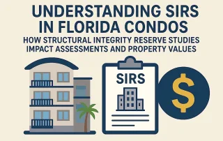 Illustration of a Florida condominium, a clipboard labeled SIRS, and a dollar sign representing how Structural Integrity Reserve Studies affect condo assessments and property values.